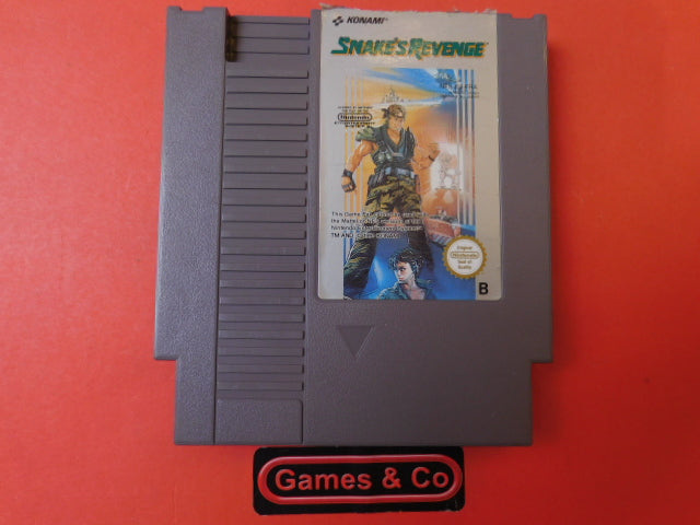 Snake's Revenge NES cartridge on a red background with visible label and cartridge details.