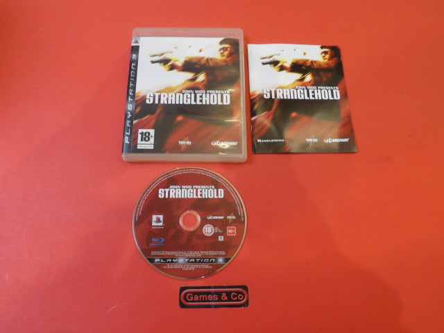 Stranglehold Playstation 3 disc with case and booklet displayed on red background.