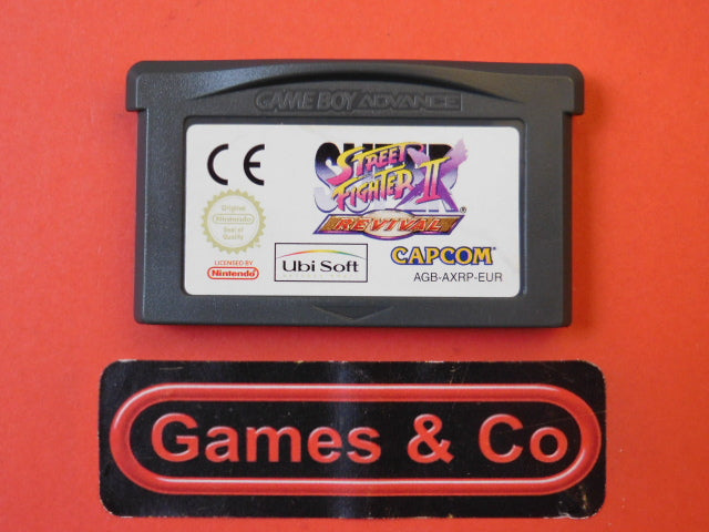 Street Fighter II Gameboy Advance cartridge displayed on red background with Games & Co logo.