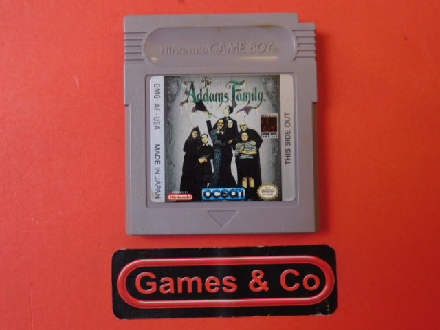 Addams Family Nintendo Gameboy cartridge displayed on a red background with Games & Co logo.