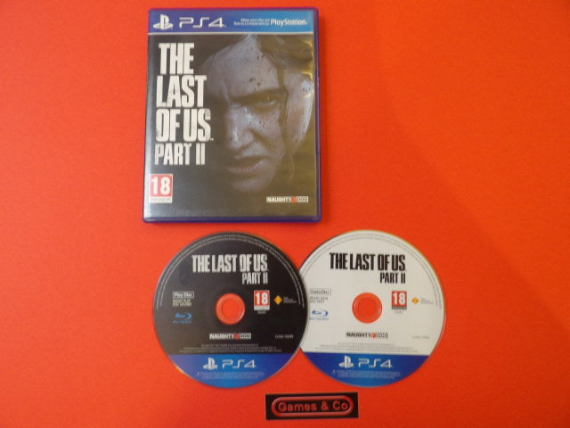 The Last Of Us Part II PS4 game disc and case displayed on a vibrant background.