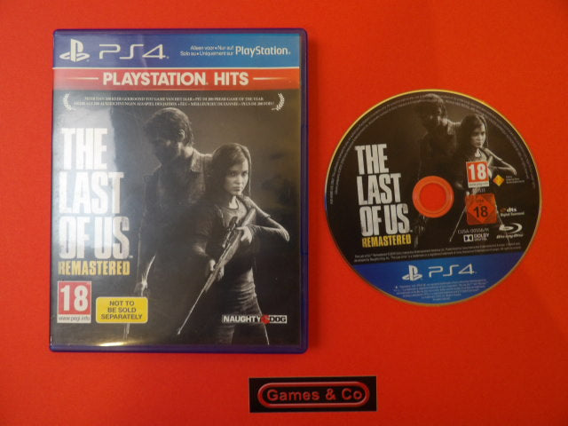 The Last Of Us Remastered PS4 game cover and disc on a red background.