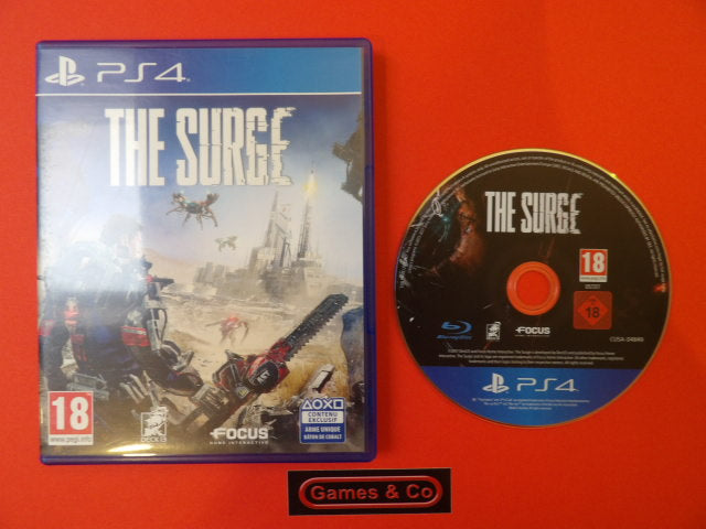 PS4 The Surge game disc and cover displayed on a red background.