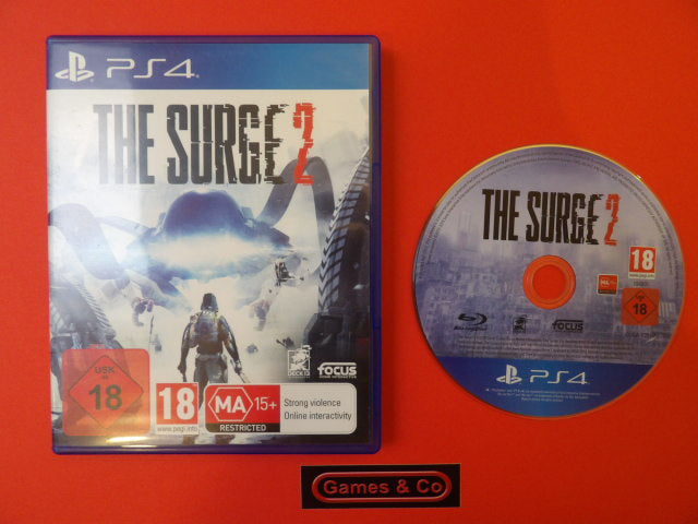 PS4 Surge 2 game cover and disc featuring futuristic action and adventure gameplay.