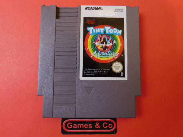 Tiny Toon NES PAL cartridge featuring vibrant artwork and cartridge design on an orange background.