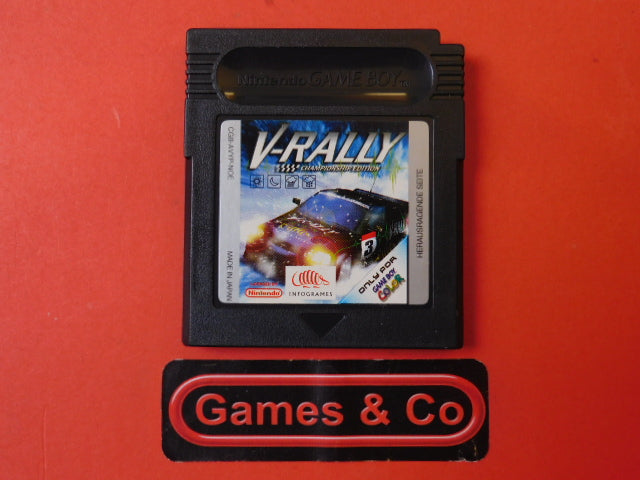 V-Rally Championship Edition Gameboy cartridge on a red background with Games & Co logo.