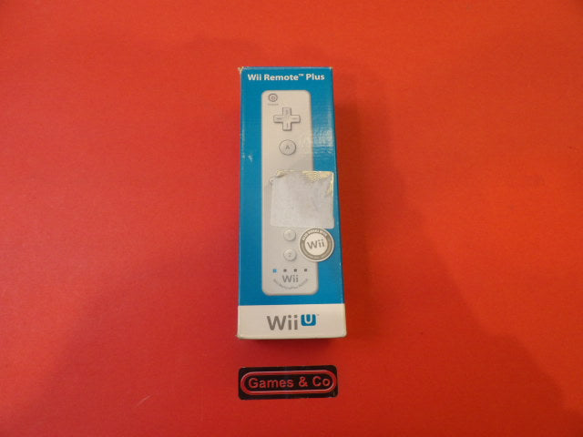 Wii Remote Plus for Nintendo Wii U packaging displayed on a vibrant red background.