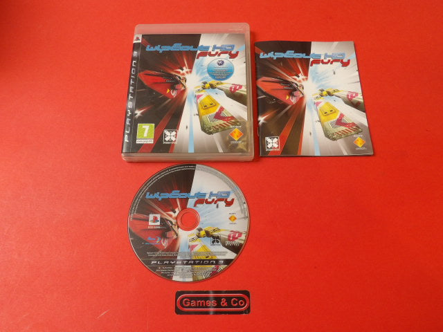 Wipeout HD Fury PS3 disc with case and manual on red background, perfect condition.
