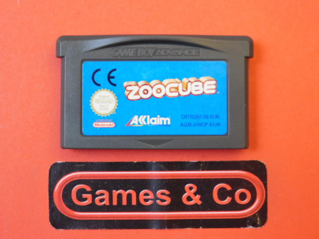 Zoocube Nintendo Gameboy Advance cartridge on a red background with Games & Co logo.