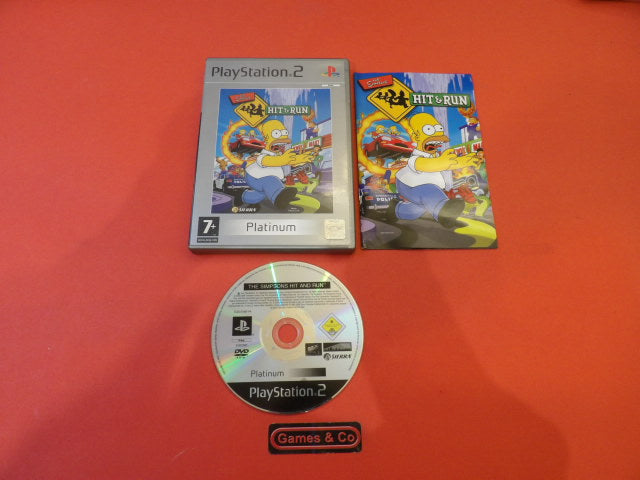 The Simpsons Hit & Run PS2 game disc and cover for PlayStation 2, featuring Homer Simpson in action.