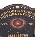 gothic spirit board game with alphabet, numbers, and symbols on a decorative wooden surface.