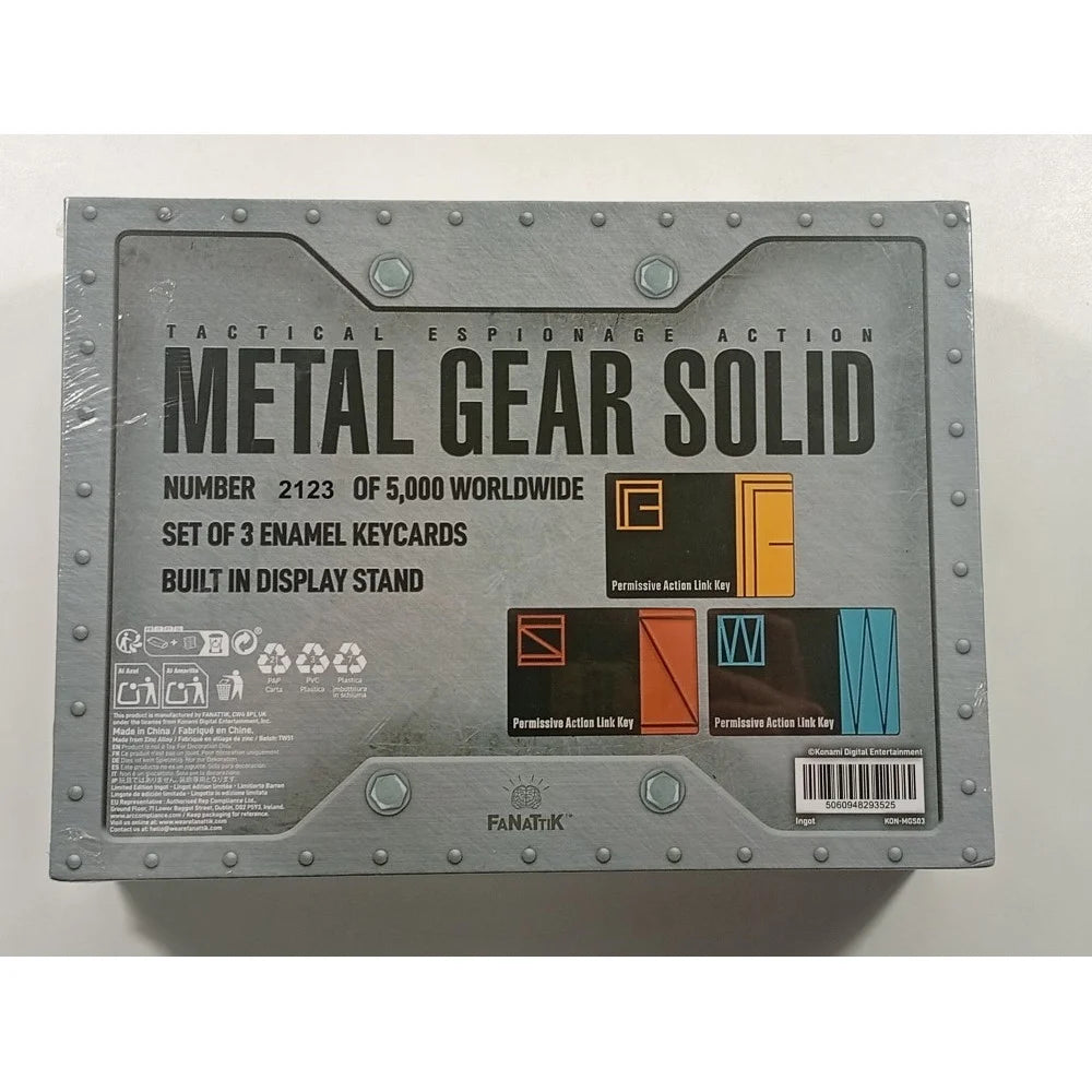 Metal Gear Solid PAL key set featuring 3 enamel keycards and built-in display stand, limited to 5000 worldwide.