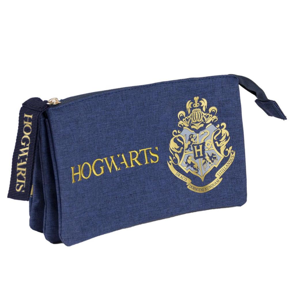 Harry Potter blue triple compartment case, Hogwarts model. Zippers.